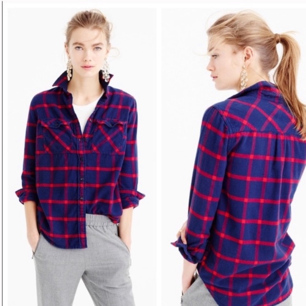 JCrew boyfriend Flannel shirt Navy Rockport Plaid